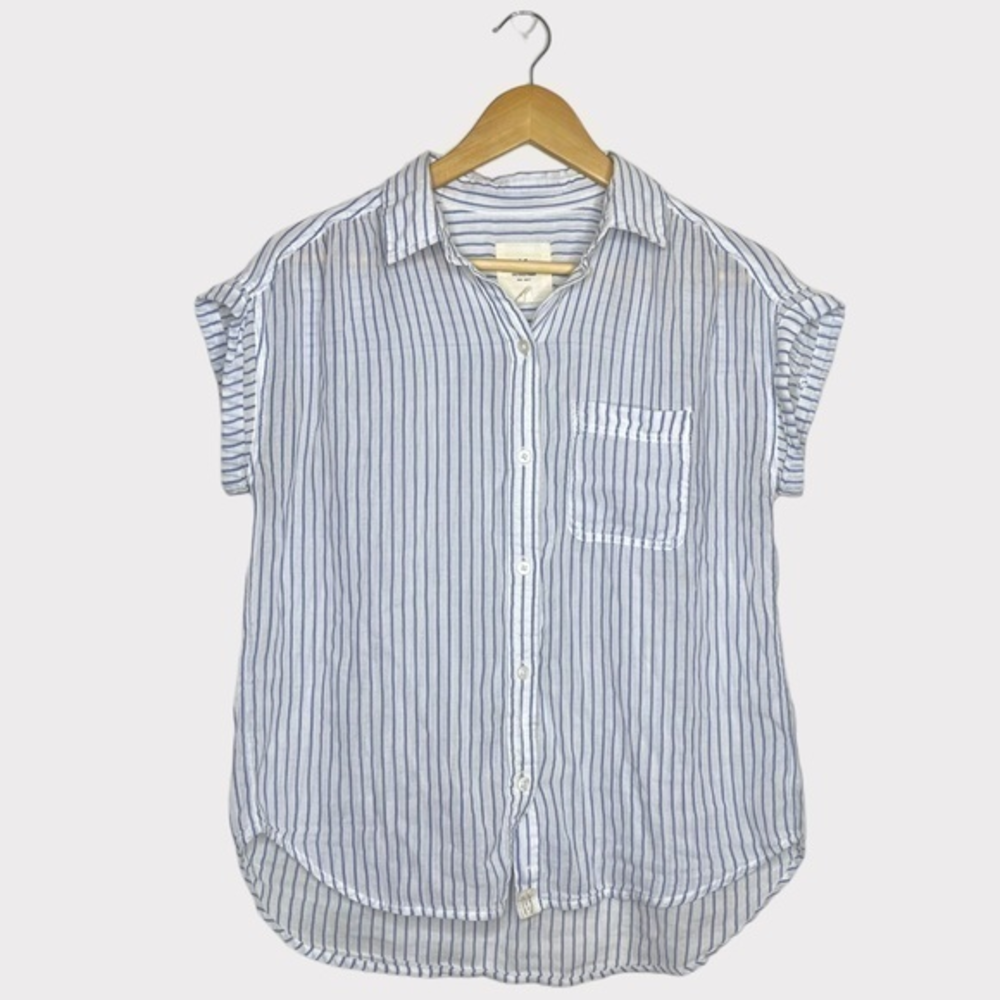 American Eagle Blue White Vertical Stripe Top Dolman Sleeve Breast Pocket XS‎